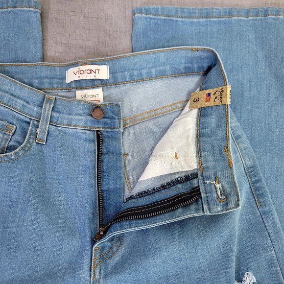 Vibrant MIU Jrs 3 W25 L32 Thrashed Ripped Wide Leg Hi Waisted Jeans Light Demin - Picture 5 of 7